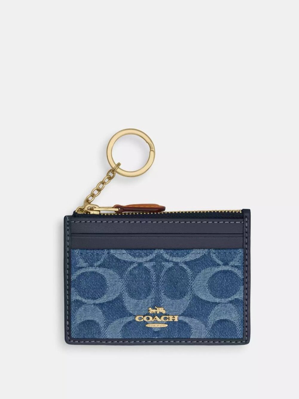 Coach Mini Skinny ID Case / Zip Card Case with Key Ring in Signature Denim